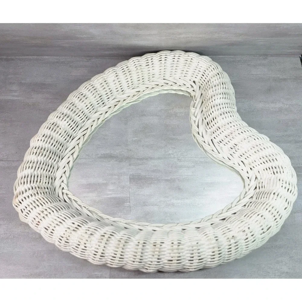 Heart White Wicker Wall Mirror Cottagecore Shabby Chic Rustic Boho 18x18
